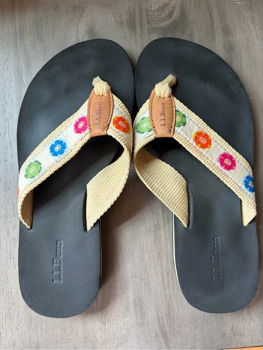 L.L. Bean Women's Black Flip Flop Sandals with Cream Floral Straps